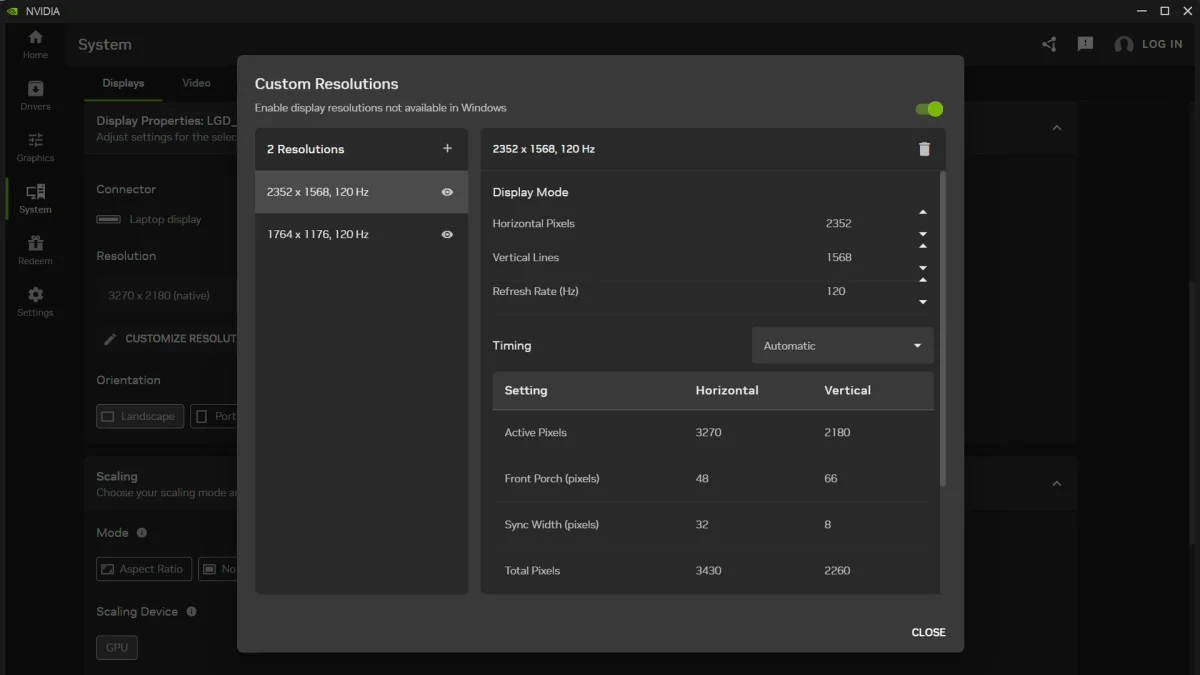 Custom resolution selection in the Nvidia App