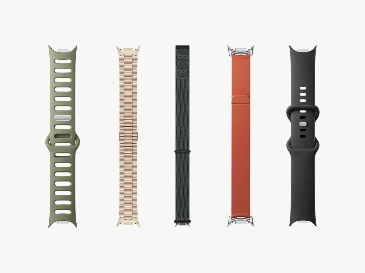 Five Fitbit Edge wristbands in different colors and styles