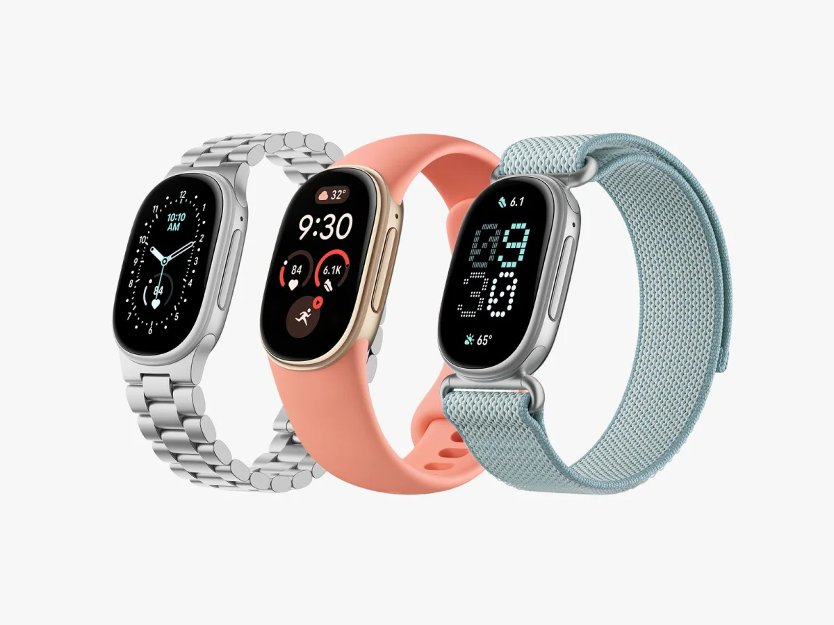 Three Fitbit Edge trackers shown with different wristbands