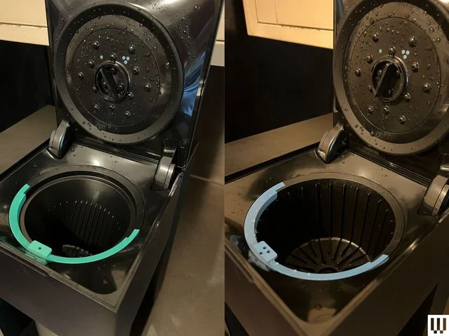 Two top views of the Fellow Aiden Precision Coffee Maker filters, one with a green ring on the left and one with the blue ring on the right