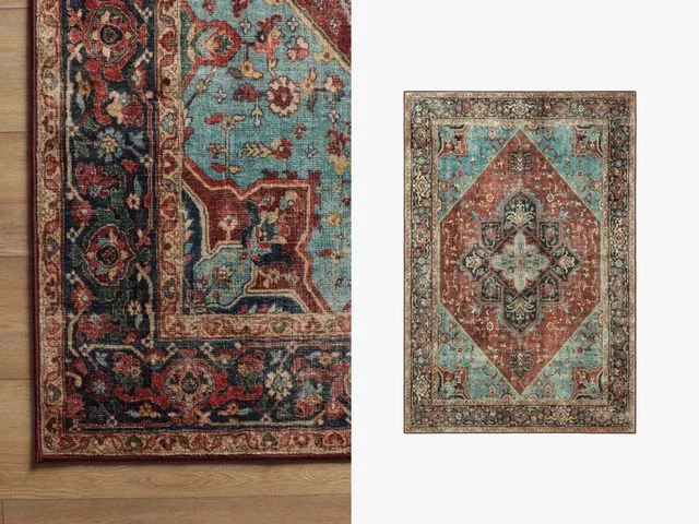 Left: Close up of brown, teal, and red rug with ornate geometric patterns. Right: Overhead view of rug isolated.