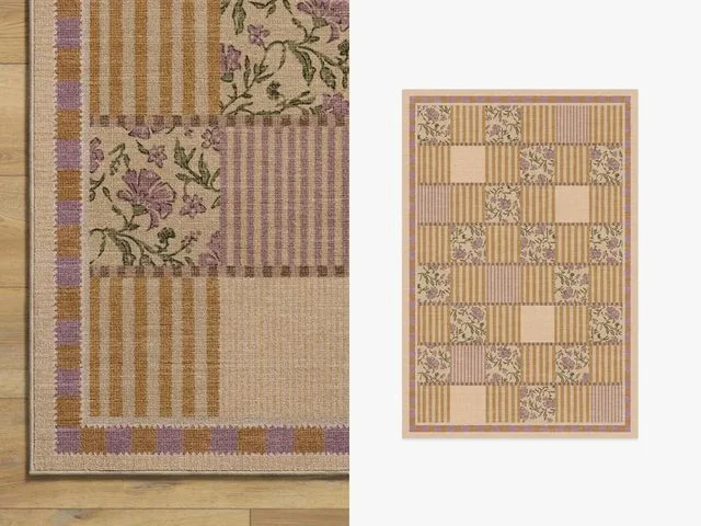 Left: Close up of beige rug with stripes and floral squares. Right: Overhead view of rug isolated.