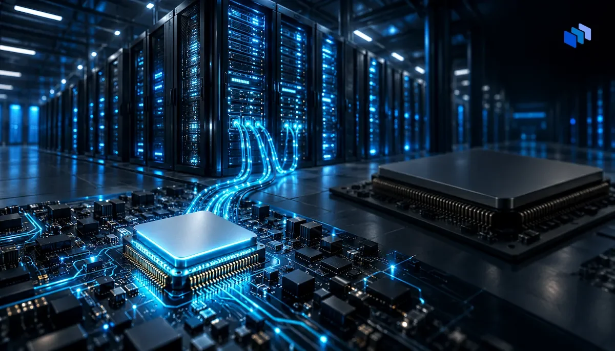 A small glowing processor connected to rows of servers, with a larger, unlit chip beside it.