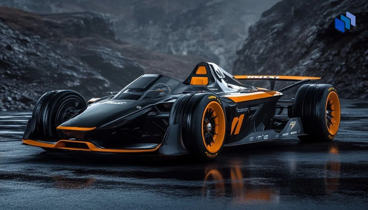 A sleek black and orange race car on a wet track against a dark, rocky backdrop.