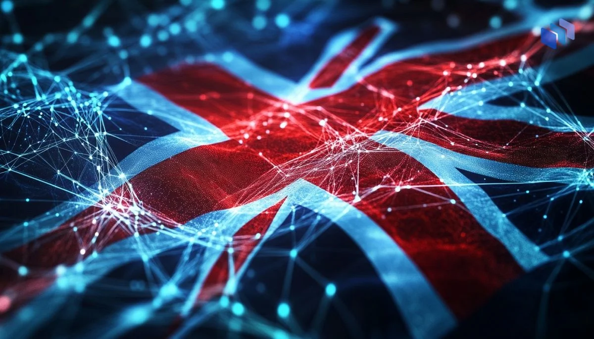 A digital interpretation of the Union Jack flag, illuminated with vibrant blue and red network lines and glowing nodes.