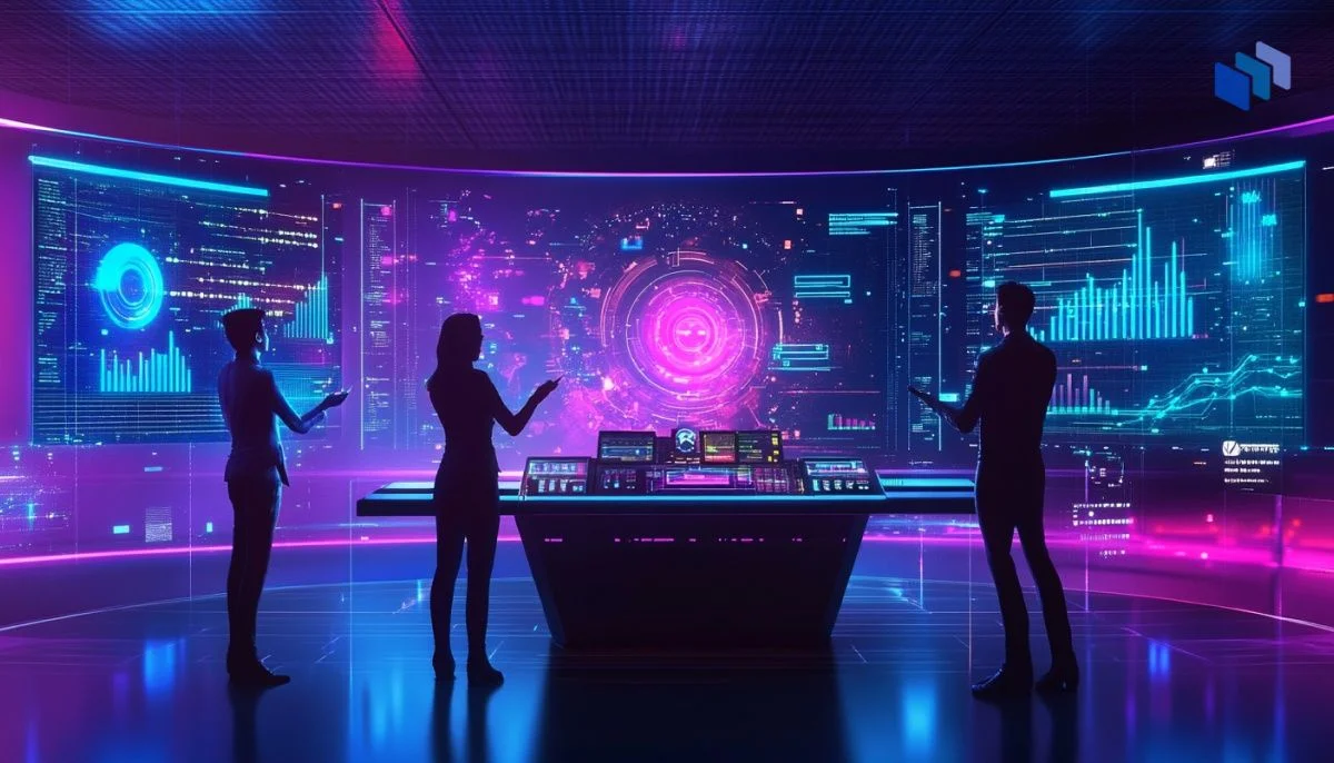 Three silhouetted figures interact with a futuristic control panel, surrounded by vibrant digital displays and neon lights.